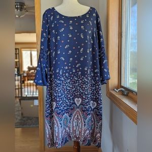 Luxology Blue White Red Floral Paisley Dress Womens Sz 22 Knee Length 3/4 Sleeve